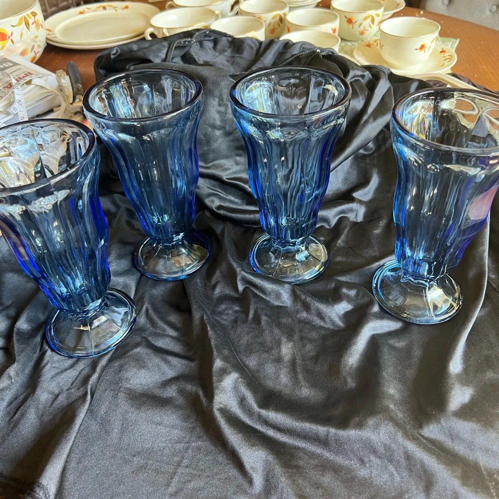 Vintage Set Of Four Anchor Hocking Light Blue Glass Sundae or Milk Shake Glasses